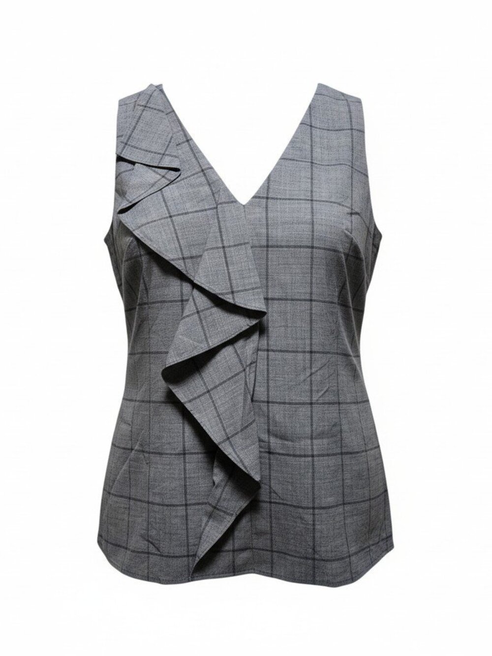 Banana Republic Gray Plaid 95% Wool Ruffle Blouse Top M Lined Workwear